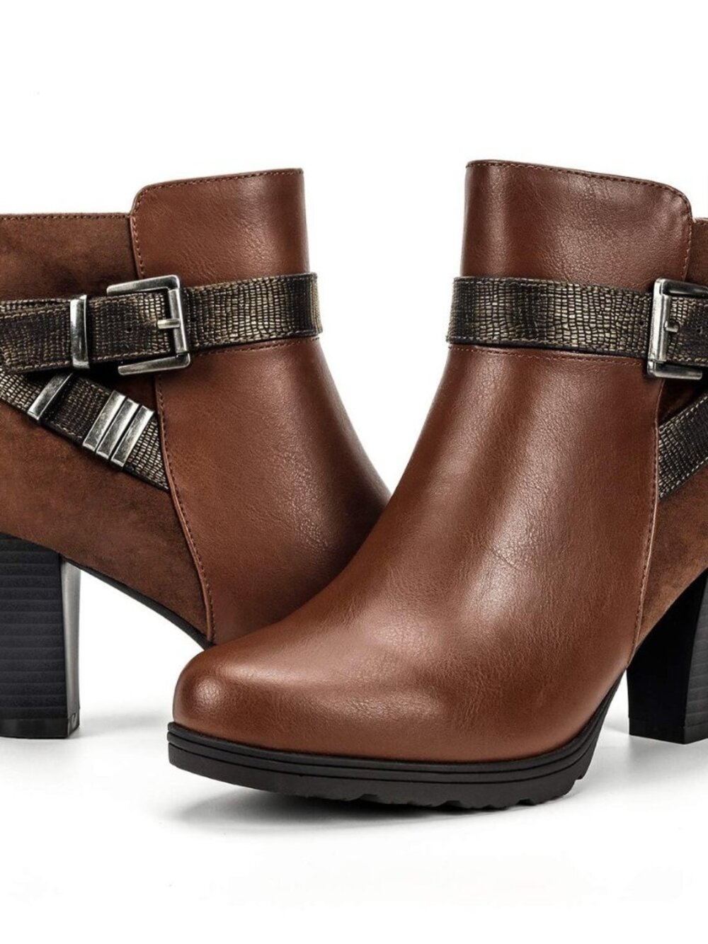 Women's Chunky Stacked Heel Ankle Boots Zipper Buckle Booties